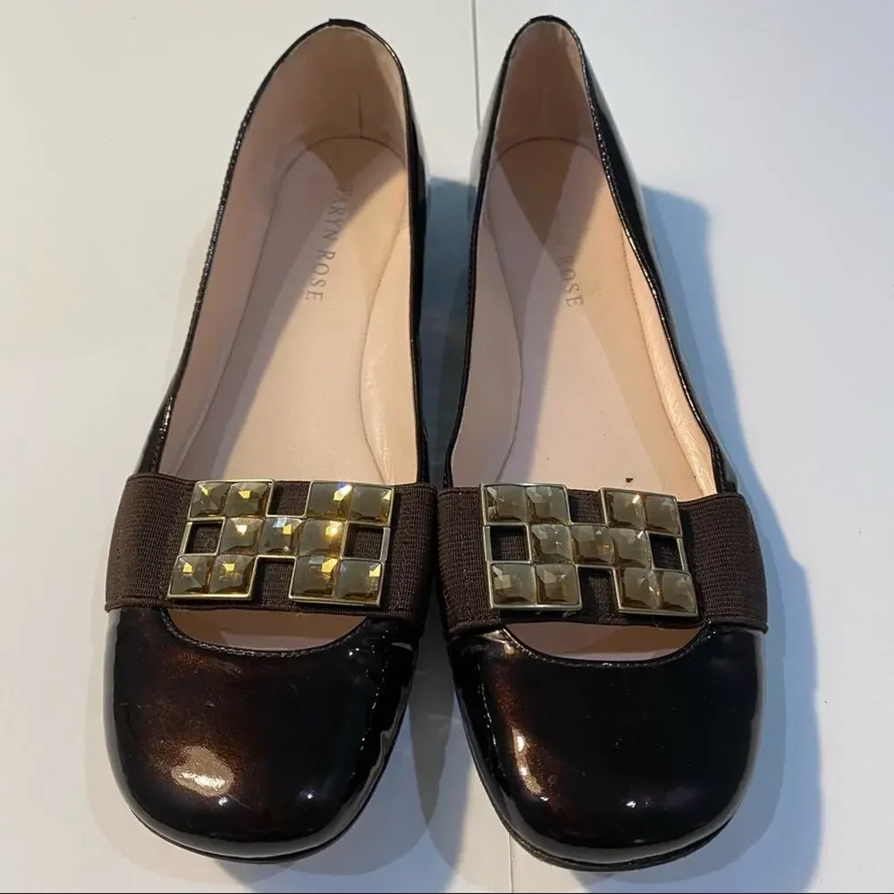 Taryn Rose Womens Low Heel Black Patent Leather Flat bling front Size 6.5